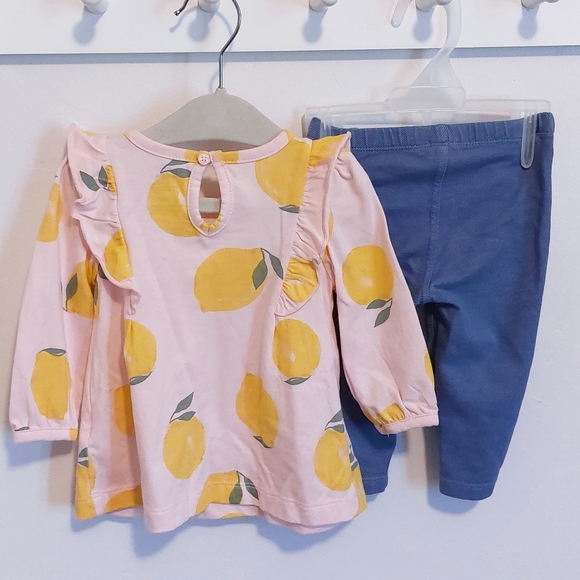 Carter's Baby Girl Pink Lemon Ruffle Long Sleeve Top with Blue Leggings Outfit - Picture 3 of 5
